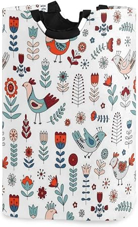 Qian Mu888 Großer Wäschekorb, skandinavische Vögel, Blumen, Wäschekorb