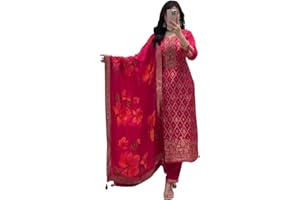 Womentus Women's Banarasi Silk Kurta Set, Embroidered Neckline, Floral Printed Dupatta, 3-Piece Salwar Suit