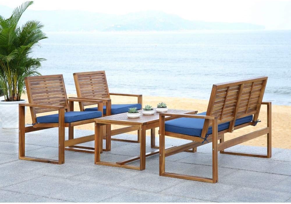 Safavieh Home Collection Hailey Outdoor Living 4-Piece Acacia Patio Furniture Set, Brown and Navy : Garden & Outdoor