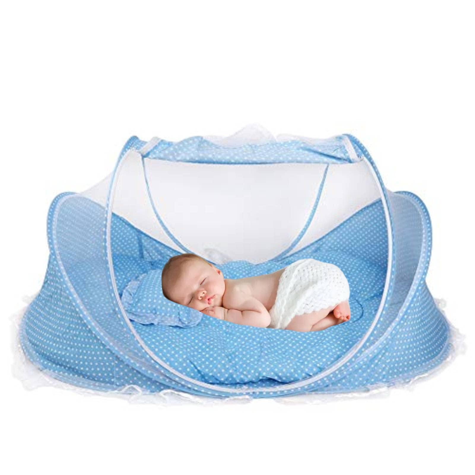 Baby Travel Bed Crib, Foldable Baby Infant Cradle Anti-Bug Tent with Protective Mosquito Net, Portable with Mattress Pillow for 0-18 Month Baby Infant Outdoors and Indoors(Blue/Pink)(Blue)