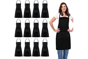 Jubatus 12 Pack 100% Cotton Aprons Bulk with 2 Pockets Cooking Chef Kitchen Adjustable Bib Apron for Women Men, Black