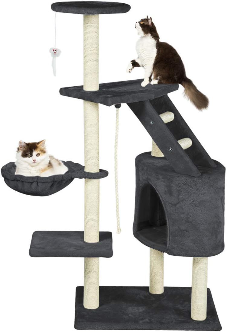 Mellcom 48" Multi-Level Cat Tree Stand House Furniture Kittens Activity Tower with Cylindrical Hideaway House, Ladder and Sisal Twine