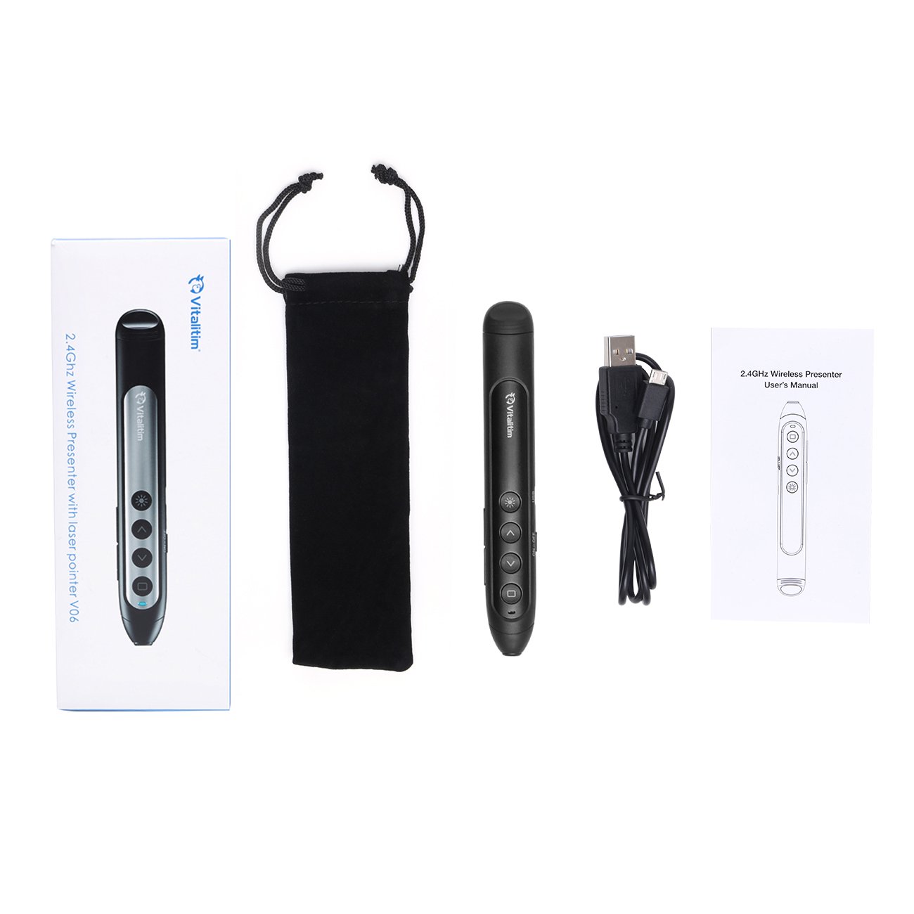 Vitalitim Rechargeable Wireless Presenter, 2.4Ghz Wireless USB Powerpoint PPT Presentation Pointer Remote Control Clicker Pen, Support Hyperlink (BLack)