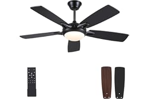 Kviflon 52 Inch Ceiling Fans with Lights and Remote, Modern Indoor Outdoor Ceiling Fan for Bedroom Living Room Patio Porch, 6 Speeds, Reversible Quiet Motor, Dual Finish Wooden Blades, Black
