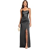 Women's Spaghetti Straps Bridesmaid Dresses Long with Slit Cowl Neck Mermaid Pleated Formal Evening Dresses