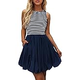 Evzeiem Women's Casual Bubble Mini Dress with Pockets Sleeveless Bubble Hem Striped Tank Short Dresses Summer