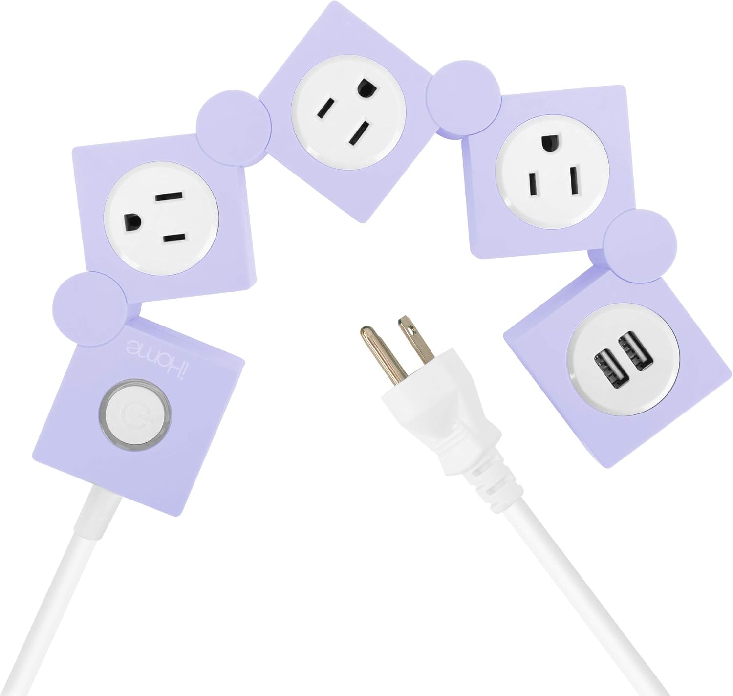 iHome Multi-Charge Swivel Power Strip with Three Outlets and Two USB Ports, 1200-Joule Surge Protection, Pastel Purple