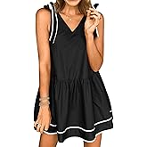 Wenrine Womens Summer V Neck Mini Dress Tie Shoulder Sleeveless Contrast Loose Casual Beach Dresses Black