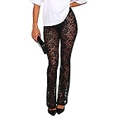 Women Lace Pants Leggings Sexy Sheer Mesh Rave Pants Wide Leg Bell Bottom Cover Up