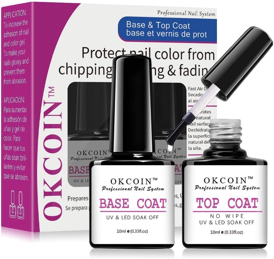 OKCOIN No Wipe Top Coat and Base Coat Set, 10ml UV LED Soak Off High Glossy and Shiny Finish New Upgraded Formula Long-Lasting Base Top Coat for Home DIY and Nail Salon: Health & Personal Care
