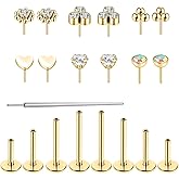 16G/18G Surgical Steel Push in Flat Back Earrings Stud Threadless CZ Nose Studs Rings Tragus Labret Cartilage Lip Medusa Conch Hypoallergenic Body Piercing Jewelry for Women Men