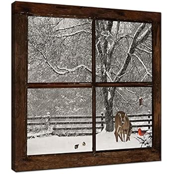 sechars - Canvas Prints Wall Art,Glimpse into Deer and Cardinal in Snowstorm Out of Grunge Window,Winter Landscape Painting Modern Wall Decor,Framed Artwork Ready to Hang - 24