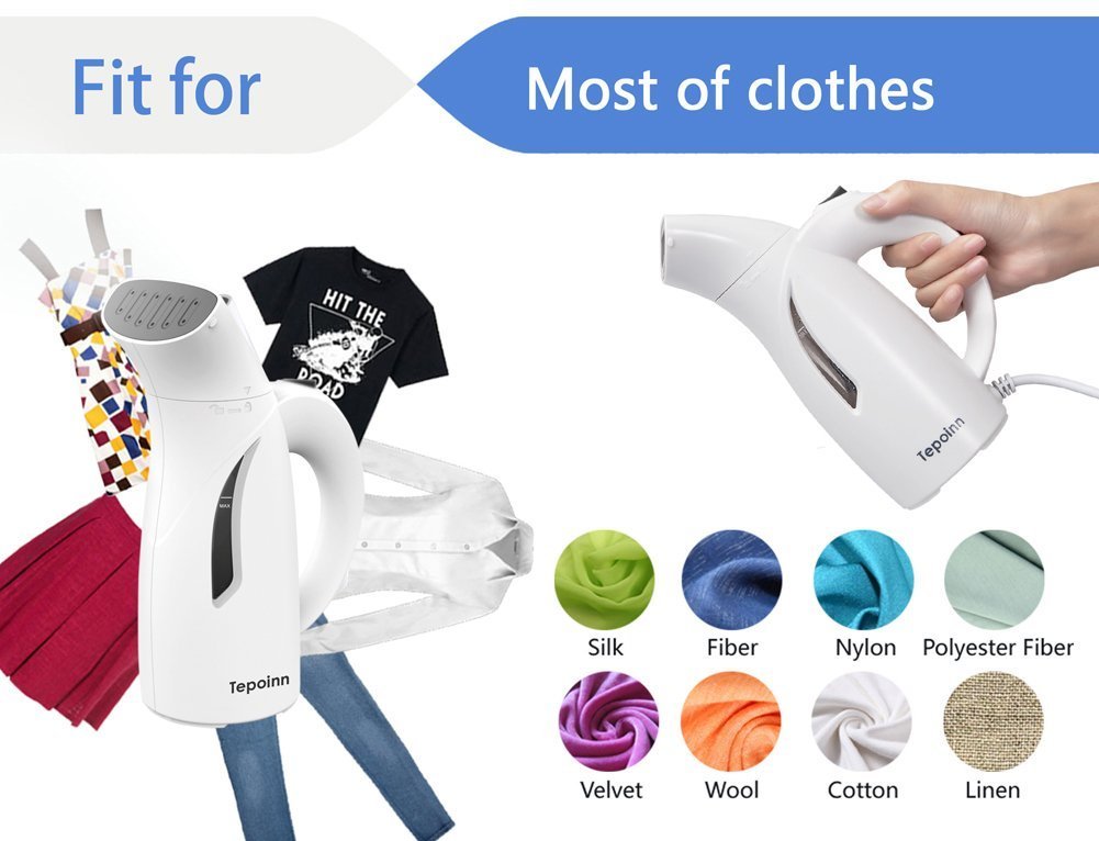 Tepoinn 2 in 1 Portatile Garment Steamers Mini Ferro da Stiro a Vapore150W / 400W 100-240V Viaggio Ferro Vestiti Vapore con due Bancarelle Serbatoio di Acqua 120ml Riscaldamento Rapido Funzione Vapore Verticale