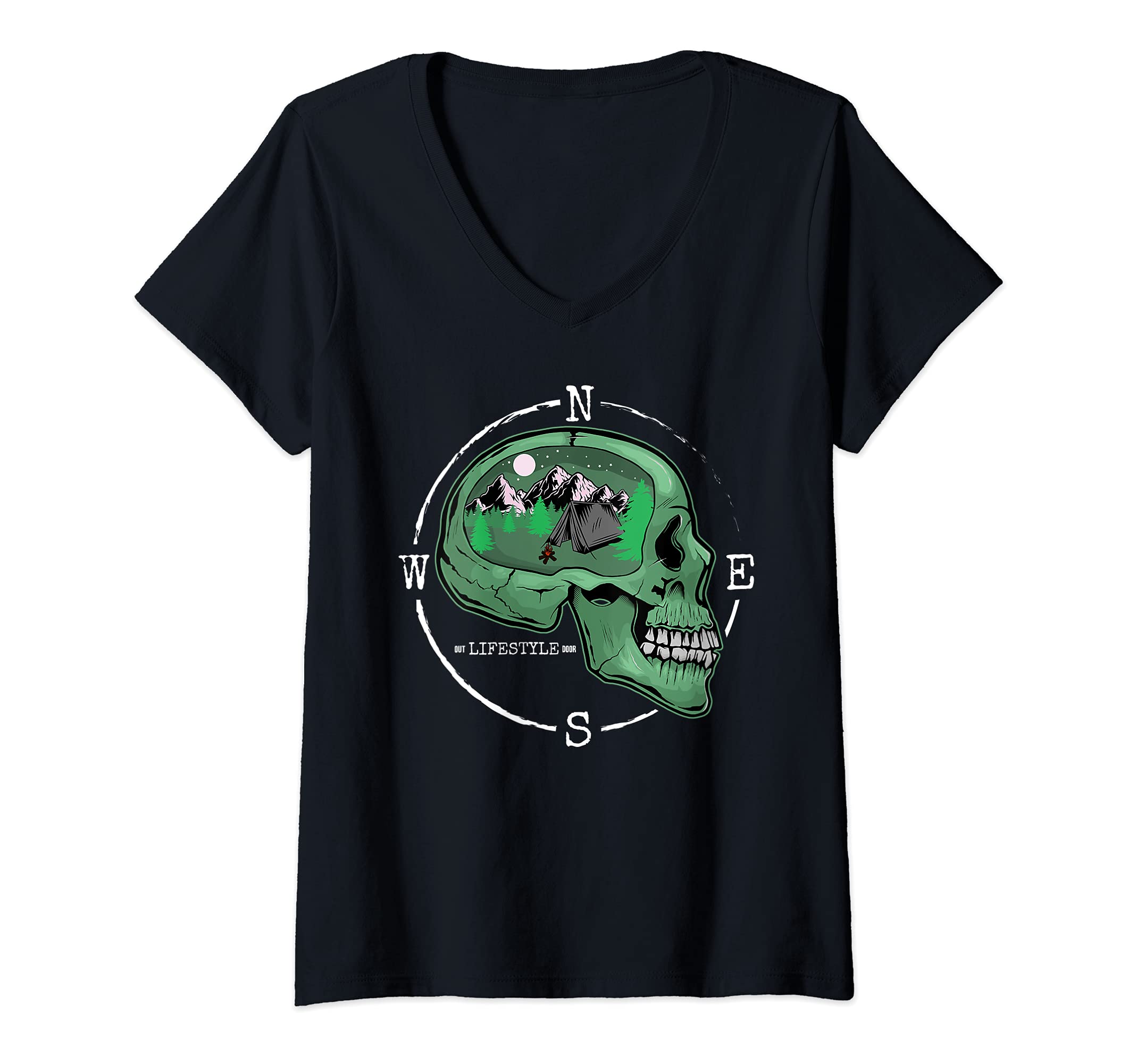 Womens Skull Compass and Mountains Outdoorsman Camping Nature Lover V-Neck T-Shirt