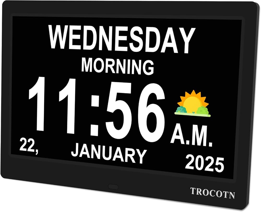 TROCOTN Digital Clock with Date and Day 7 inch Large Display 8 Languages