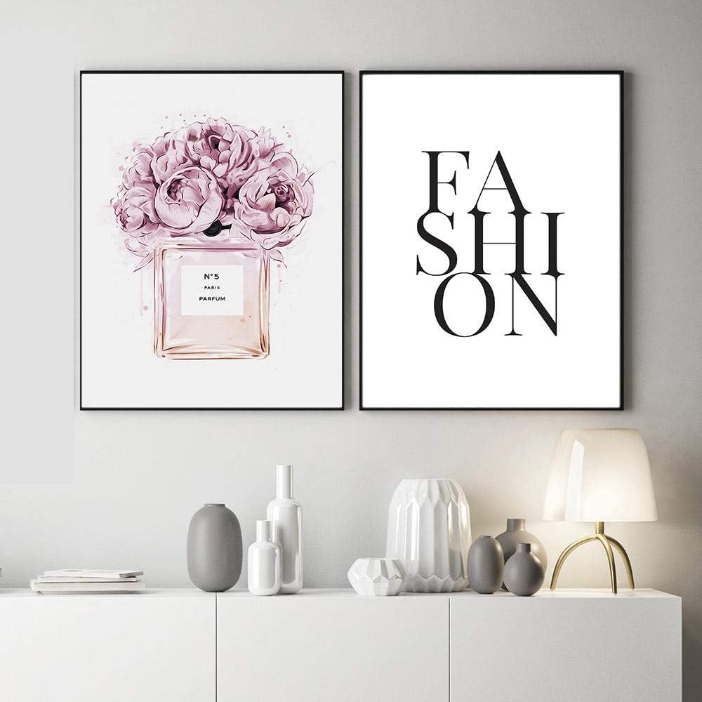 Peony Flower Perfume Bottle Posters and Prints Canvas Painting Fashion Letter Wall Art Print Pictures for Living Room 50x70cmx2 no Frame