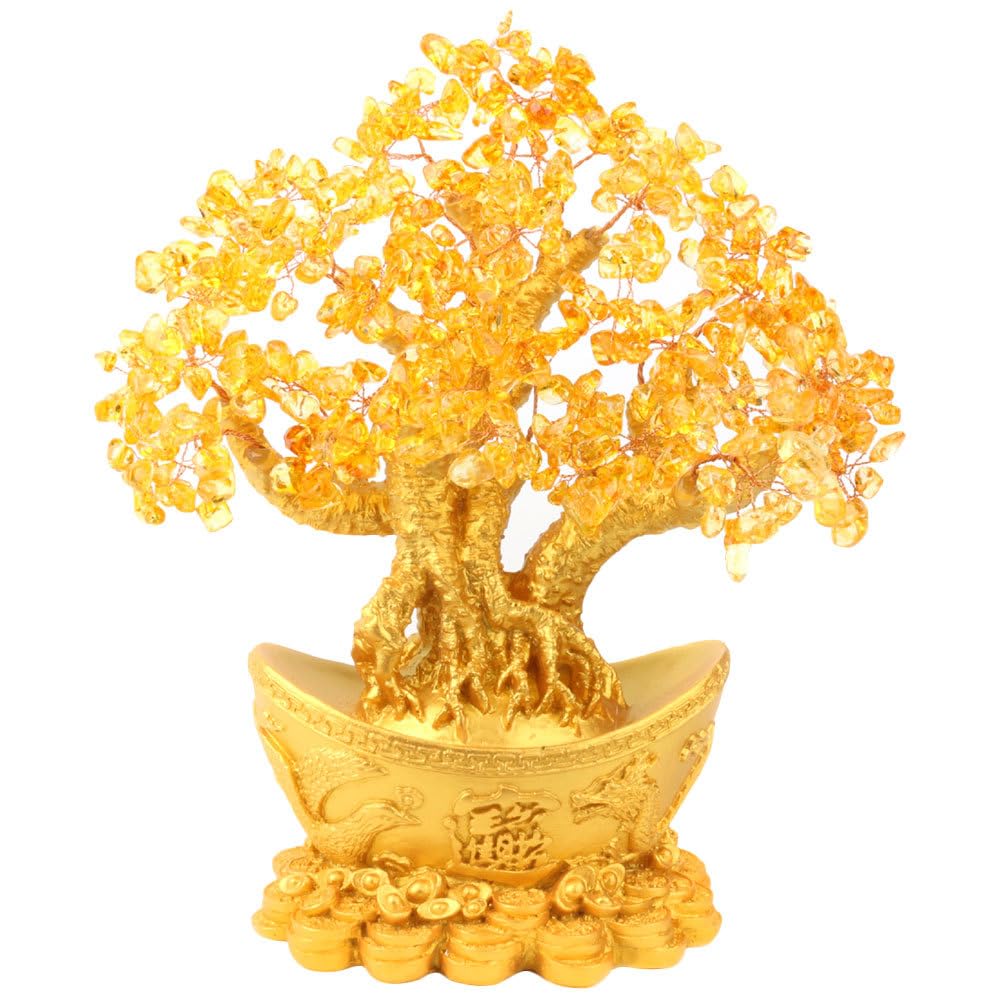 Feng Shui Money Tree Citrine Gemstone Golden Crystal Lucky Tree for Wealth Fortune Prosperity Success DIY Home Decoration