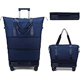 DOJUNS Rolling Duffle Bag with Detachable Wheels, 2025 Upgrade Expandable Foldable Suitcase for Travel, Collapsible Luggage Carry on Duffel Overnight Weekend Bag (Dark Blue)