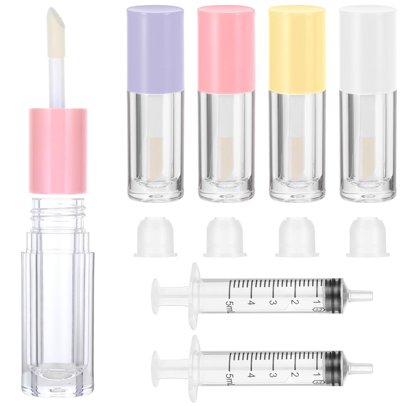 4Pcs Refillable Lip Balm Containers with Rubber Stoppers - 6ml Empty Lip Gloss Tubes with Wand for DIY Lipgloss (4 Colors)