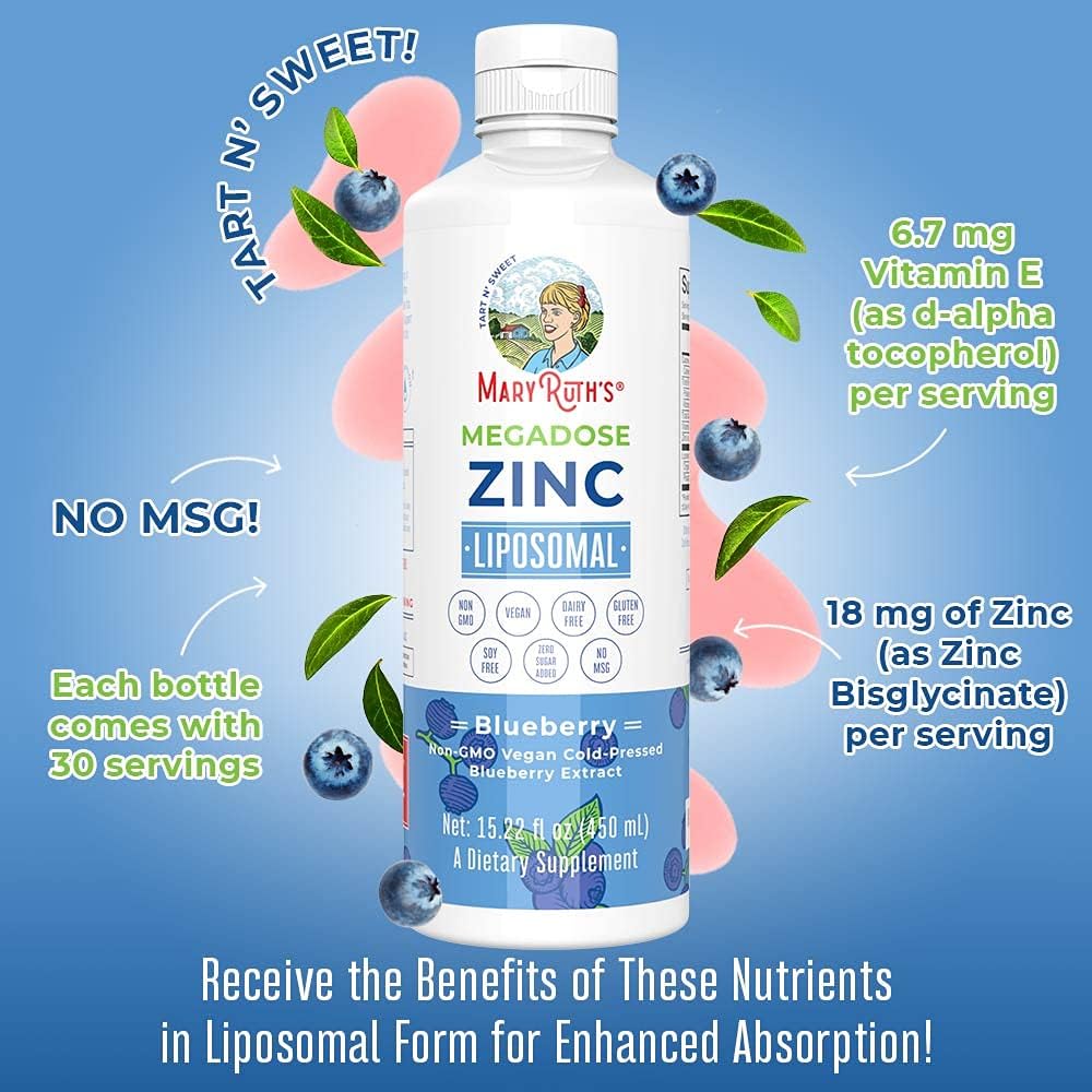 Megadose Zinc Liposomal by MaryRuth's (Blueberry) | Enhanced Absorption Liquid Zinc | Immune Health Supplement for Men & Women | Vegan, Gluten Free, Sugar Free, Non-GMO | 15.22oz: Health & Personal Care