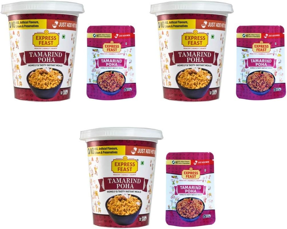 Express Feast Tamarind Poha Cup & Refill| Instant Meal, Easy to Cook | No preservatives, no Artificial Colours 480g (Pack of 3)