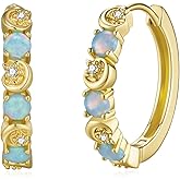 GW 18mm Gold Huggie Hoop Earrings for Women with Blue Opal, 18K Gold Plated Opals Jewelry for Lady, Cute Everyday Ear Jewelry for Wife, Mom, Friend, Birthday Anniversary