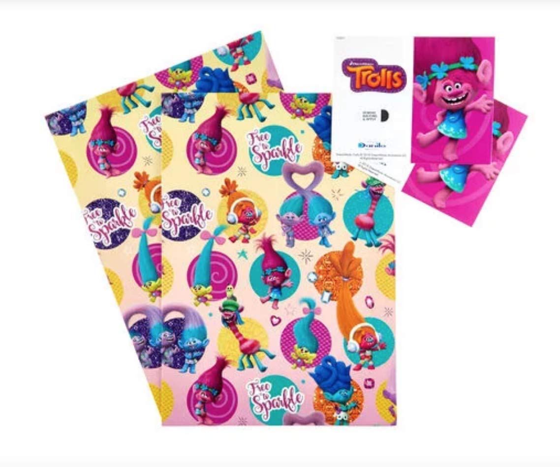 Trolls Movie Gift Wrap 2 sheets and 2 tags