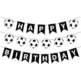 Yuomeaz Soccer Birthday Banner, Soccer Party Happy Birthday Banner, Black White Football Theme Bunting Flag for Wall, Door, Backdrop Decoration