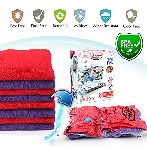 Anna Home Premium Vacuum Storage Bags 8 Pack (6 x Jumbo, 2 x Medium) Space Saver Storage Bags for Travel. Durable and Reusable, Travel Hand Pump Included