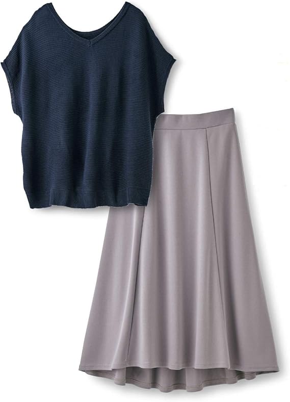 Amazon フラウグラット コーデいらずでぱぱっと決まる らくちんゆるニット きれいめフレアースカートセットアップ ネイビー グレー 3l レディース 通販