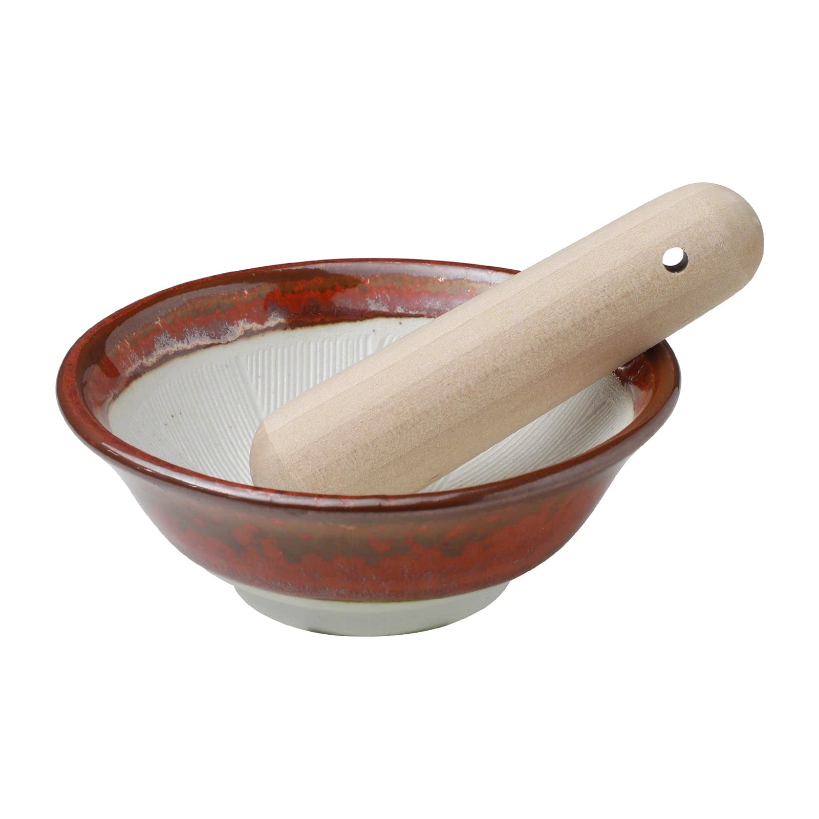 Asayu Japan Ceramic Red Mortar Bowl 4.29in (109mm) with Wooden Pestle, Made in Japan Dishwasher and Microwave Safe Ripple Ridge Suribachi and Surikogi Set - Red Mortar and Pestle Set