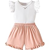 Ecolala Girls' 2 Pieces Outfits Cute Ruffle Sleeve Top and High Waisted Striped Shorts Set