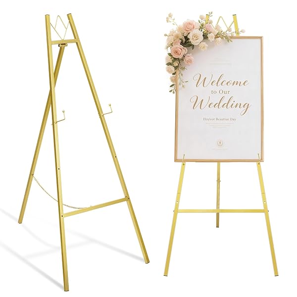 GRENTY 46.7″ GOLD EASEL STAND FOR WEDDING SIGNS – NO ASSEMBLY NEEDED, HEAVY DUTY METAL DISPLAY STAND FOR ART, WELCOME SIGNS, POSTERS, PICTURES, PAINTINGS, AND FLOOR DÉCOR