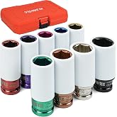 JU JIAN TEC 9-Piece Impact Lug Nut Socket Set, 1/2" Drive | Metric (17,19,21mm) &amp; SAE (3/4" to 1-1/16"), Thin Wall 6-Point Design, Colored Protective Sleeves, Non-Marring Rim Guard