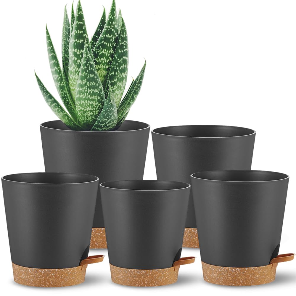 SUN-E Self Watering Pots, Black Plastic Indoor Planters, 7+6.5+6+5.5+5Inch, For Succulent, Cactus, Flowers, African Violet