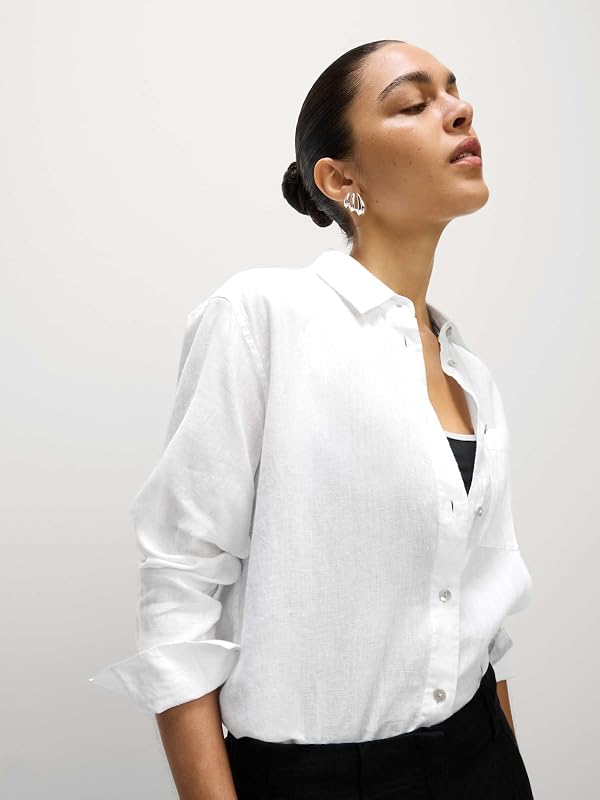 Camicia Oversize in Puro Lino Stile Girlfriend (Bianca|44) da Donna Bianco 44