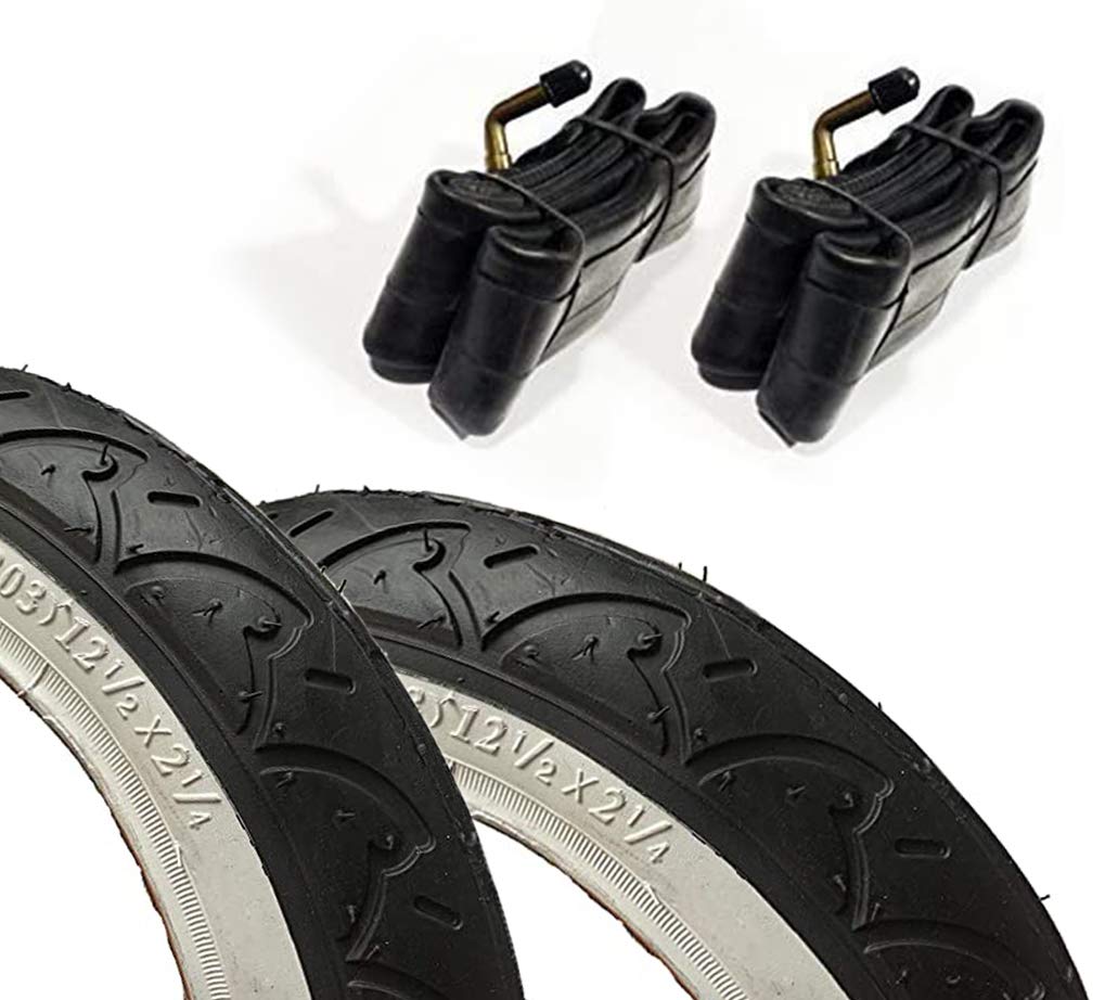 2 Pack - 12 1/2 x 2 1/4 (62-203) Pram Tyres & Bent Valve Tubes - With White Side Wall