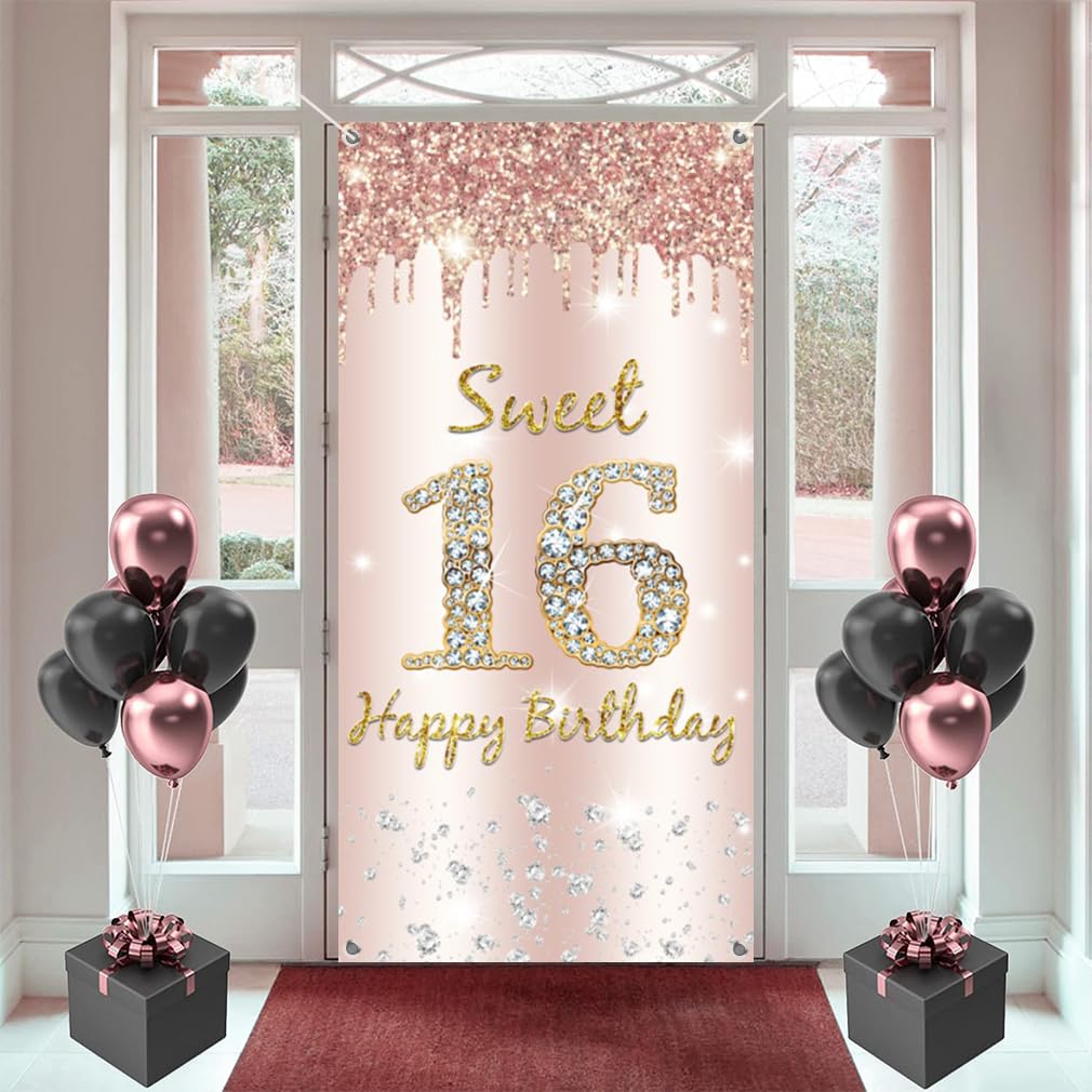 Sweet 16 Birthday Decorations for Girl, Happy 16 Years Old Backdrop Banner Rosegold Fabric Sign Poster, Girl 16th Birthday Door Banner Party Supplies Photo Background Welcome Sign