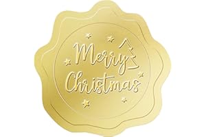PIGPOTPARTY 500 PCS Gold Embossed Merry Christmas Stickers, Wax Seal-Style Envelope Seals, Self-Adhesive Gold Foil Stickers for Invitations, Greeting Cards, Party Favors, and Gift Wrapping