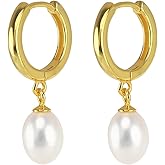925 Sterling Silver Freshwater Cultured Pearl Earrings 18K Gold Plated Hoop Earrings Dangle Pearl Eardrop