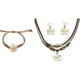 JENMAVJI Multi-Layer Flower Cross Wooden Leather Beaded Choker Necklace Drop Dangle Earrings Bracelet Bohemian Handmade Jewelry Set for Women Men Strand Adjustable Retro