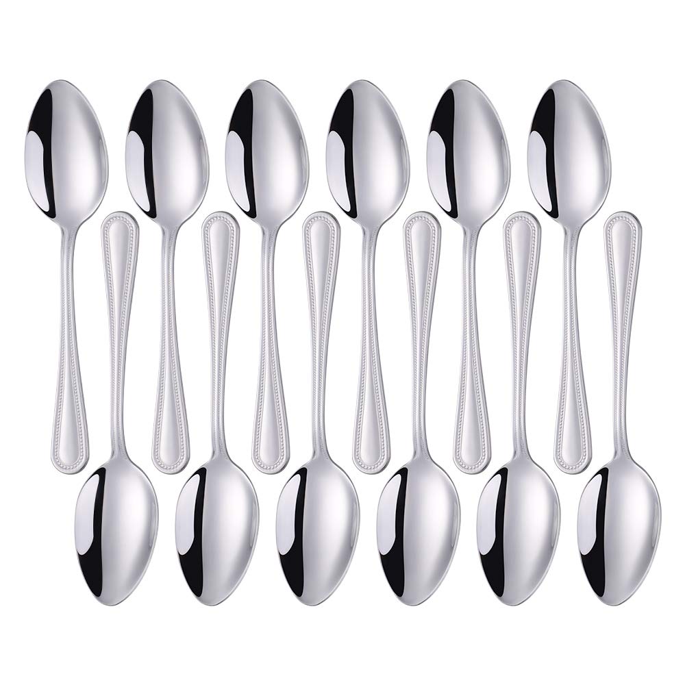 Meisha Stainless Steel Classic Bead Teaspoons, Mirror Finish & Modern Design with Scalloped Edge, Set of 12 - Silver
