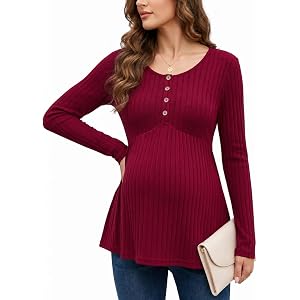 Genhoo Womens Maternity Tops Long Sleeve Maternity Shirts Henley Clothes | Crew Neck, Long Sleeve, Ribbed, Henley Tunic, Pelp