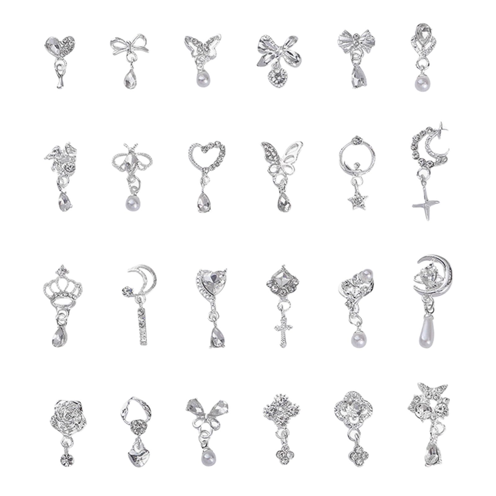 3D Nail Charms, 24 Pcs Shiny Nail Rhinestones Gems Butterfly Flower Heart Bow Dangle Nail Art Charms Silver Metal Nail Jewelry Luxury Nail Art Decoration for Nail Design DIY Crafts — image 1