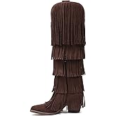 Lyrisiphy Cowboy Boots for Women 5 Layer Fringe Knee High Western Cowgirl Boots with Pointed Toe Chunky Heel Tall Boots for Party, Concert and Dating