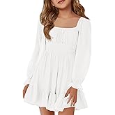 Haloumoning Girls Long Sleeve Dress Kids Square Neck Tie Backless Ruffle A-Line Mini Dresses 5-14 Years