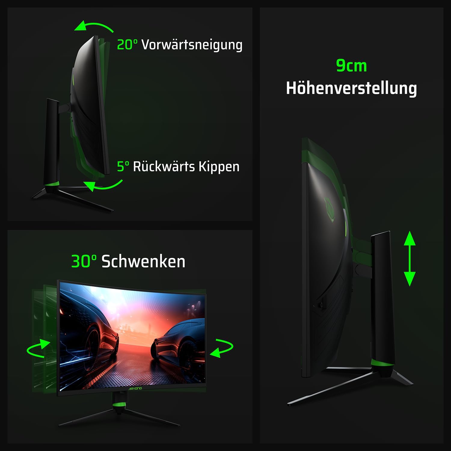 Aryond A32 V2 Curved Gaming Monitor, 32 Zoll(80cm), 180Hz, 1500R, QHD (2560x1440), 1ms, HDR, FreeSync&G-Sync, 122% SRGB, Eye Care, Eingebauter Lautsprecher, HDMI, Display Port, Höhenverstellbar 7