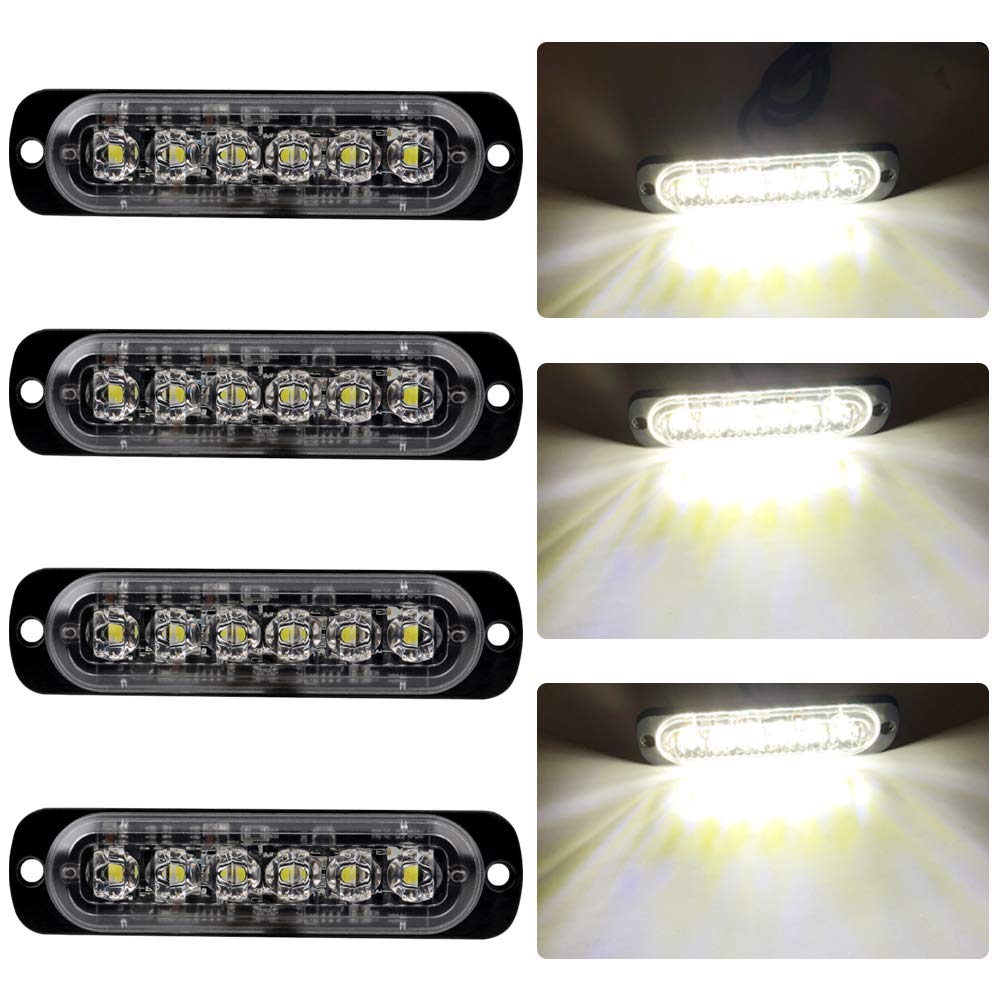 4pcs Ultra Thin 6LED Emergency Warning Lights White Hazard Flashing Strobe Light Bar Side Warning Beacon Universal for 12-24V Car Vehicle Truck Trailer Caravan Camper Motorcycle Van