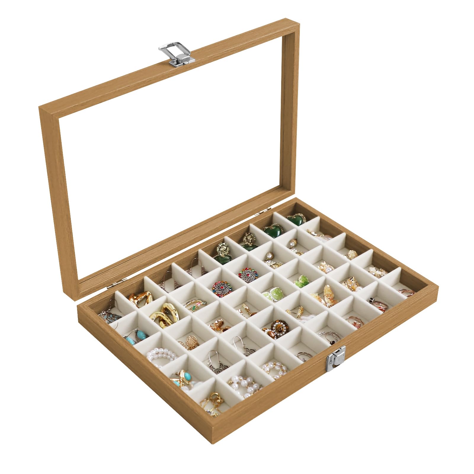 Photo 1 of Stratalife Jewelry Organizer 40 Grid Jewelry Trays with Clear Lid Wood Earring Organizer Ring Holder Accessories Box Necklaces Earrings Storage for Women Drawers Vintage Style Beige