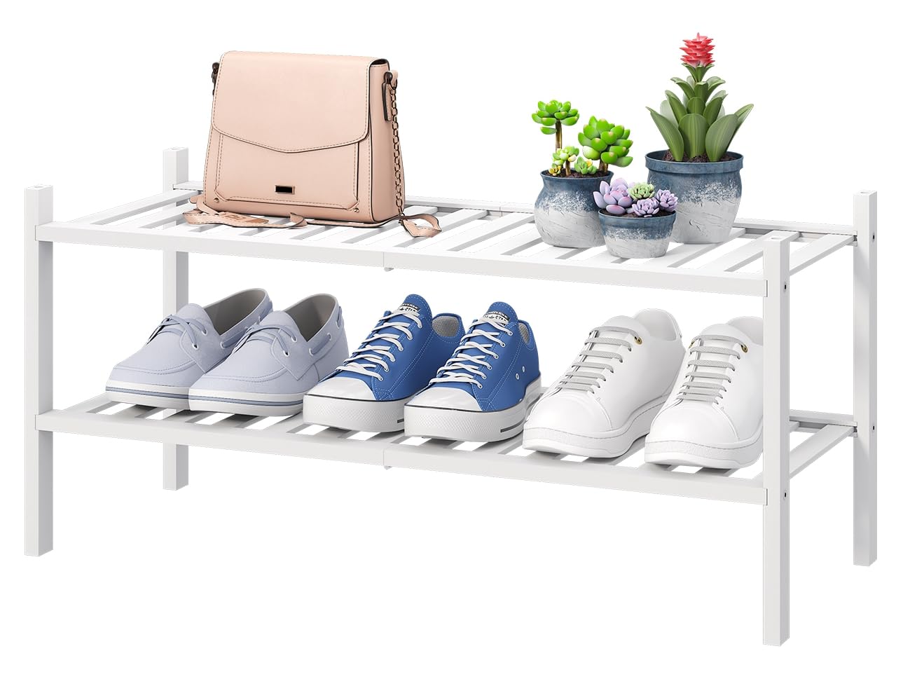 Photo 1 of White Shoe Rack for Entryway, 2 Tier Shoe Organizer for Hallway Closet, Bamboo Wood Shoe Racks for Indoor Outdoor (White, 2-Tier)